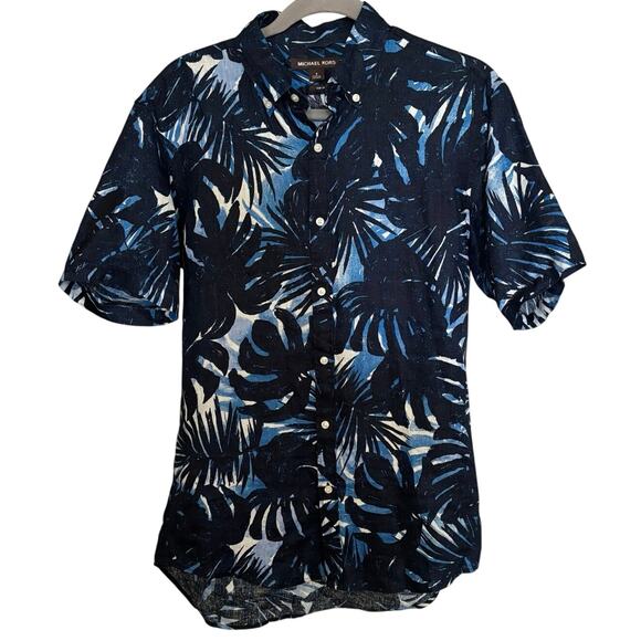 Michael Kors Size S Slim Fit Button Front Camp Shirt 100% Linen Tropical - Picture 1 of 5